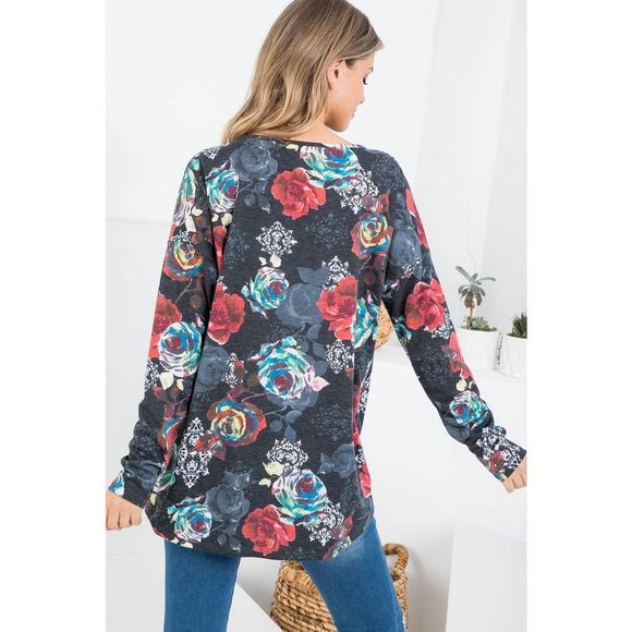Black Floral Wrap Front Tunic Top - Picture 6 of 9
